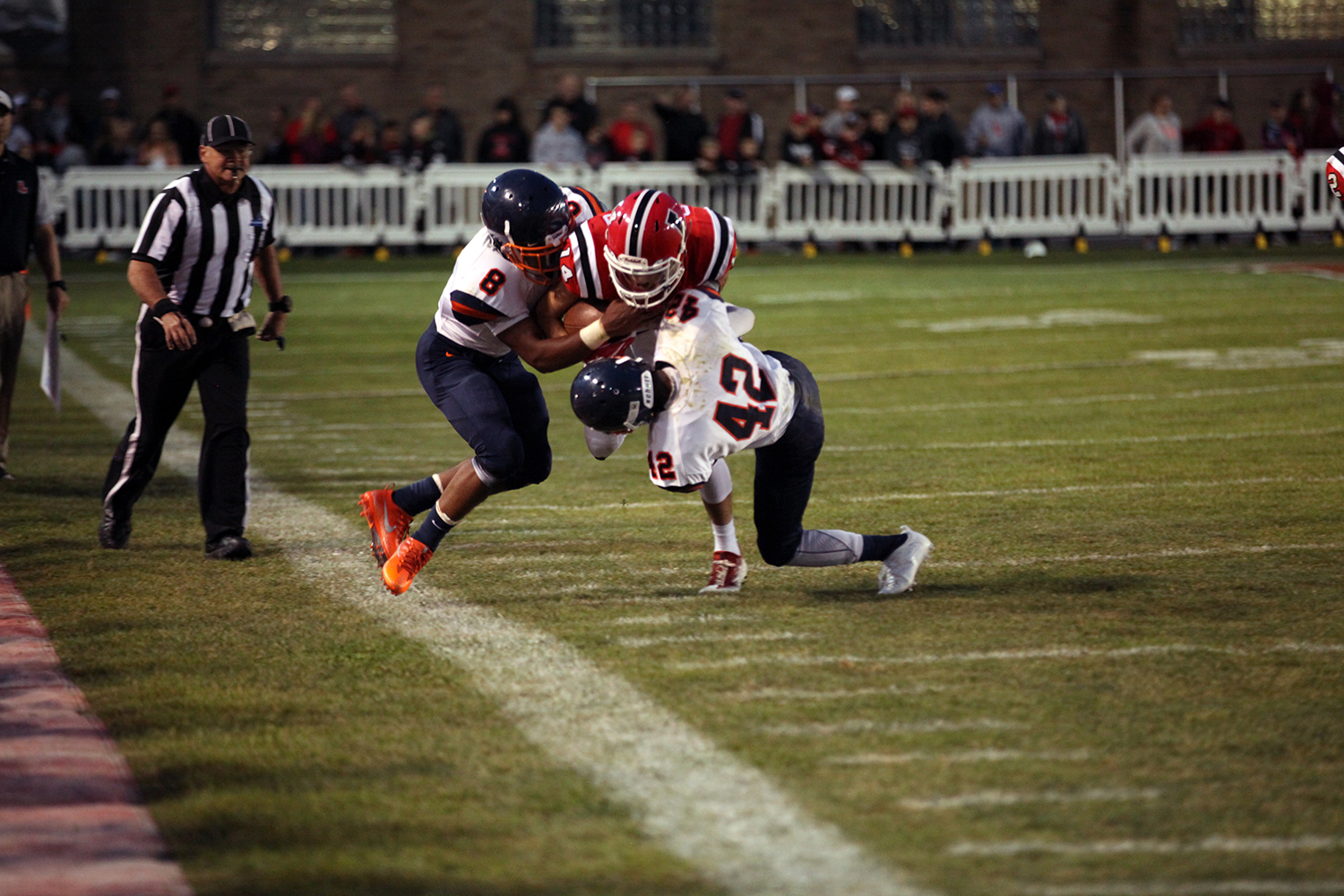 Max getting tackled around mid field Lancaster Legends Football 09.01.17 Lancaster vs Bennett