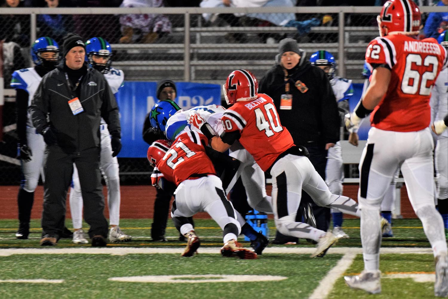 A Tackle near the sidelines for Lancaster Lancaster Legends Varsity Football 11.18.17 vs Cicero-North Syracuse