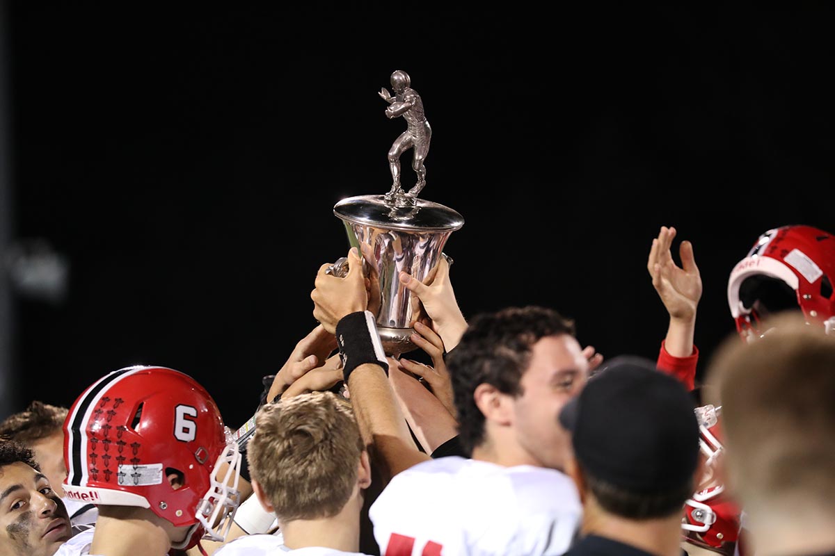 Lancaster players holding up the trophy Lancaster Legends Football 10.13.17 Lancaster vs Depew