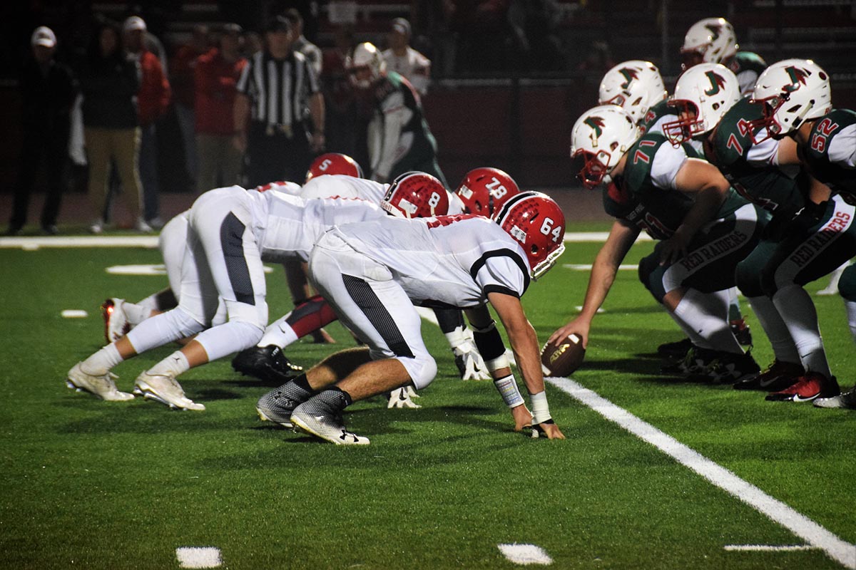 Lancaster Legends Varsity Football vs Jamestown Football Defense Ready for the snap