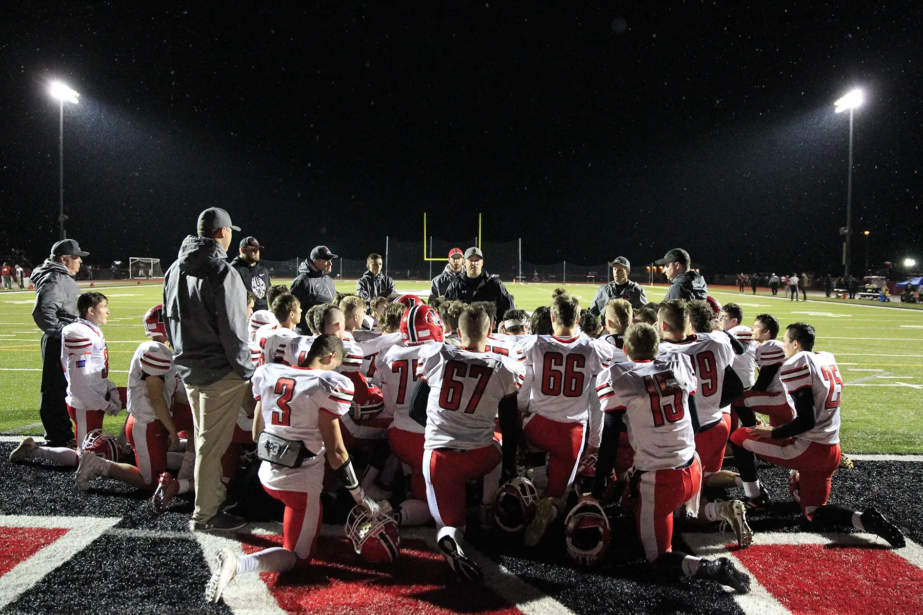 Lancaster HC Rupp in the huddle after the game against Clarence 2019